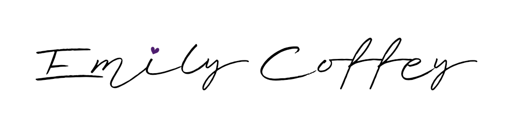 The name "Emily Coffey" written in an elegant script with a purple heart above the letter "i".